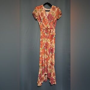 Just Taylor Sheer Floral Ruffle Faux Maxi Wrap Dress | Size 4